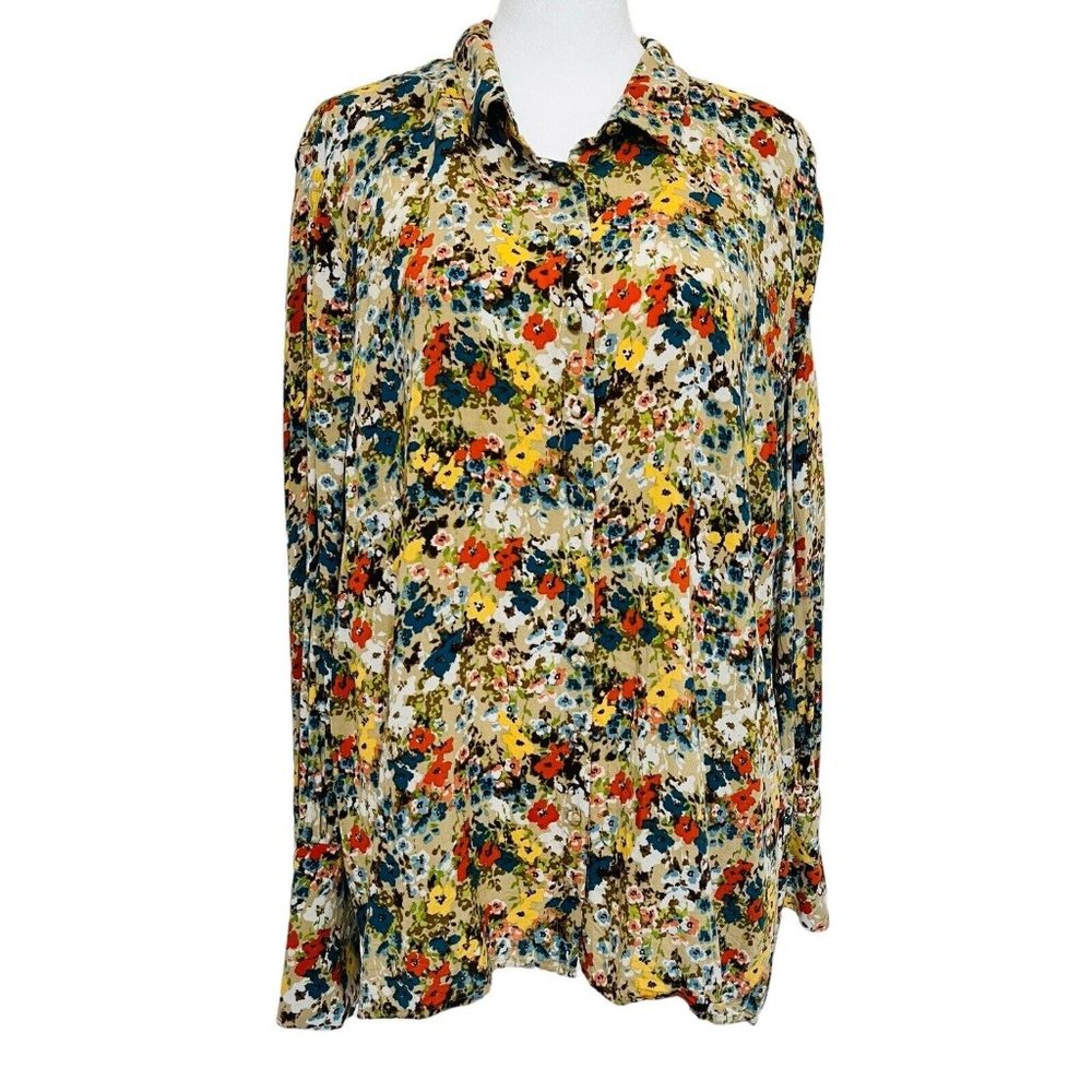 J Jill Womens Shirt Tunic Top Floral Size XL Button Up Long Sleeve Yellow Boho